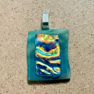 Gorgeous Green, Blue, & Gold Glass Pendant Necklace